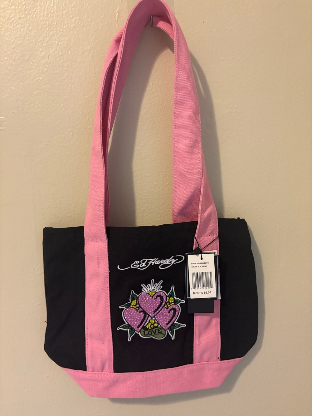 Ed Hardy Black Tote with Pink Trim and Embroidered Heart